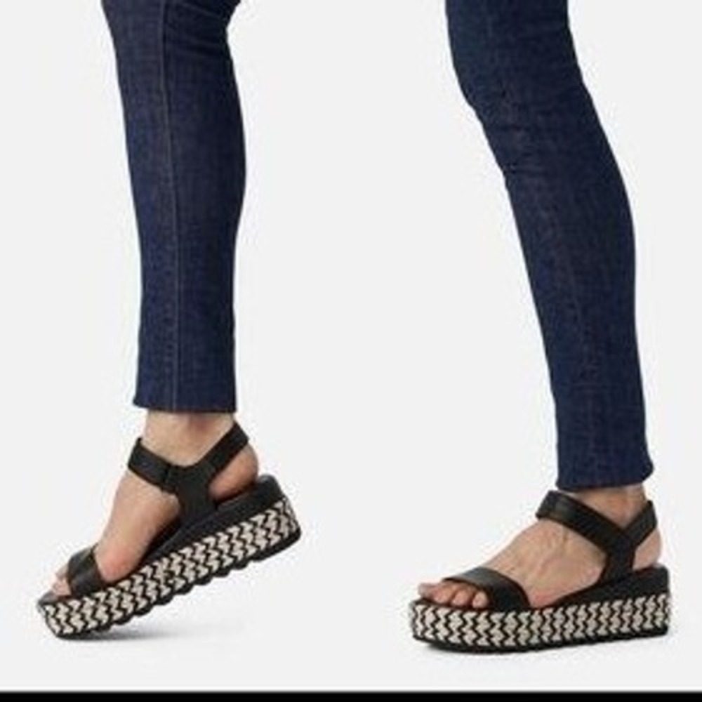 Sorel Cameron Flatform Sandals Black Leather Braided Espadrille Size 7